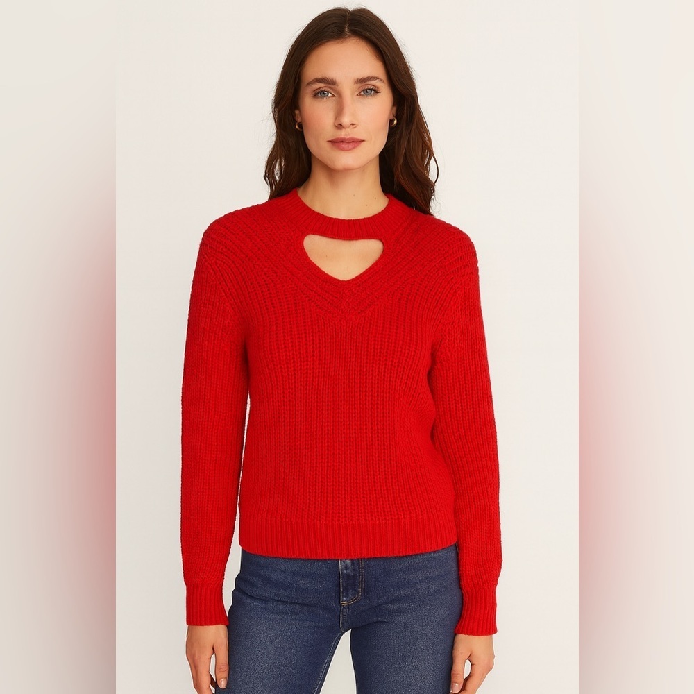 New York & Company Red‎ Knit Sweater Size M Cozy Cutout Neck Trendy Fall/Winter